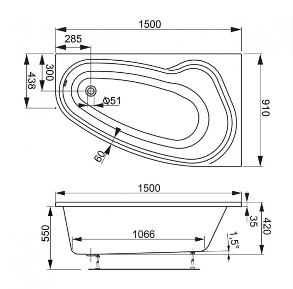 Акриловая ванна VAGNERPLAST AVONA 150x90 left