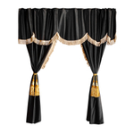 Шторы спального места с ламбрекеном и прихватами "Кисти" в кабину Volvo, Scania, MAN, DAF, Merc, Камаз, Sitrak, Shacman, Foton, FAW. Высота 1,5м, ширина одной стороны - 1,15м. Блэкаут, велюр. Черный цвет с бежевой бахромой и золотыми кистями