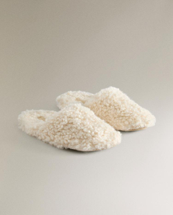 ZARA ТАПОЧКИ ИЗ ИСКУССТВЕННОГО МЕХА, ЭКРЮ