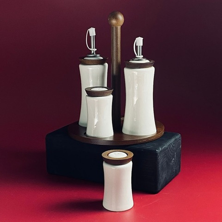 Lenardi 235-085 Набор солонок и бутылки для масла/уксуса 4пр. на подставке TROPICAL в под.уп.(х16)Фарфор