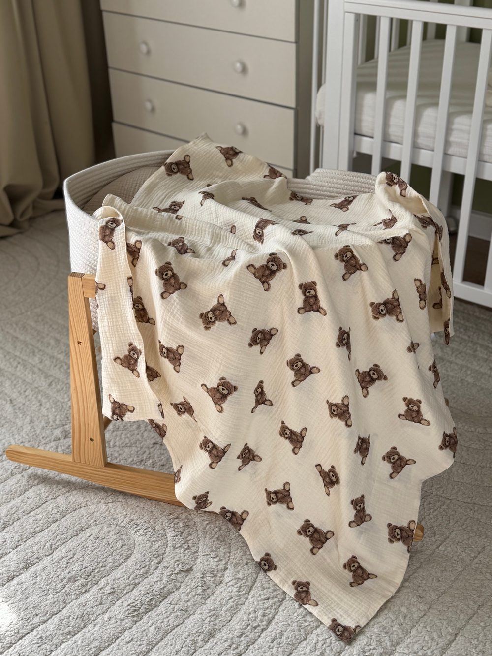 Плед из муслина без декора, Бежевые мишки