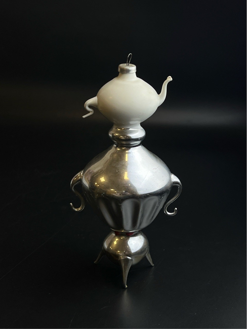 Ёлочная игрушка редкая Самовар с чайником, стекло, 16.5 см, подвесная, Ленинградское производство Игрушка, ручная роспись, винтаж СССР 1960-1980 гг