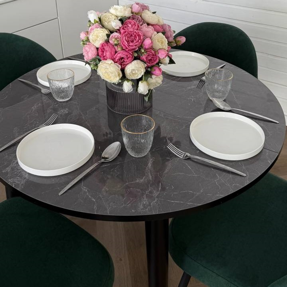 Круглый раздвижной стол Серый мрамор и 4 стула Элион цвет зеленый