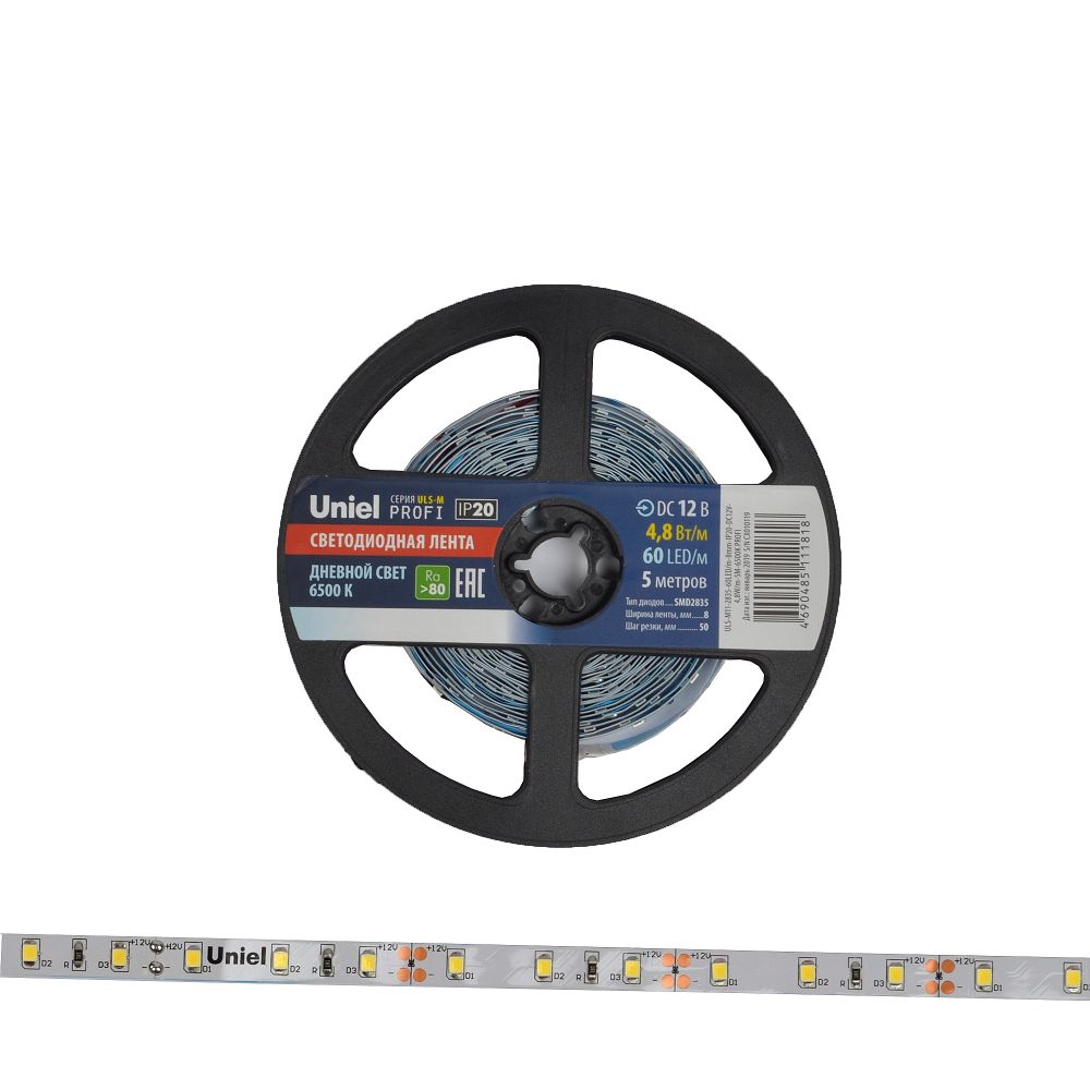 ULS-M11-2835-60LED-m-8mm-IP20-DC12V-4.8W-m-5M-6500K PROFI Гибкая светодиодная лента на самоклеящейся основе. Катушка 5м. в герметичной упаковке. Дневной свет 6500K. ТМ Uniel.