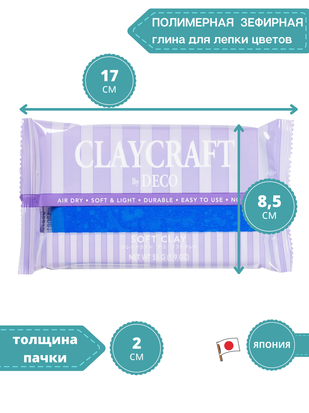 Полимерная глина CLAYCRAFT BY DECO, самоотвердевающая decoclay, цвет Синий, 55 гр