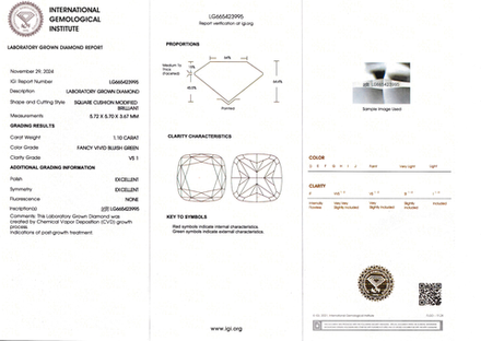 Лабораторно-выращенный бриллиант кушон 5.72 х 5.70 х 3.67 мм Fancy VIVID BLUISH GREEN/VS1 1.10 ct