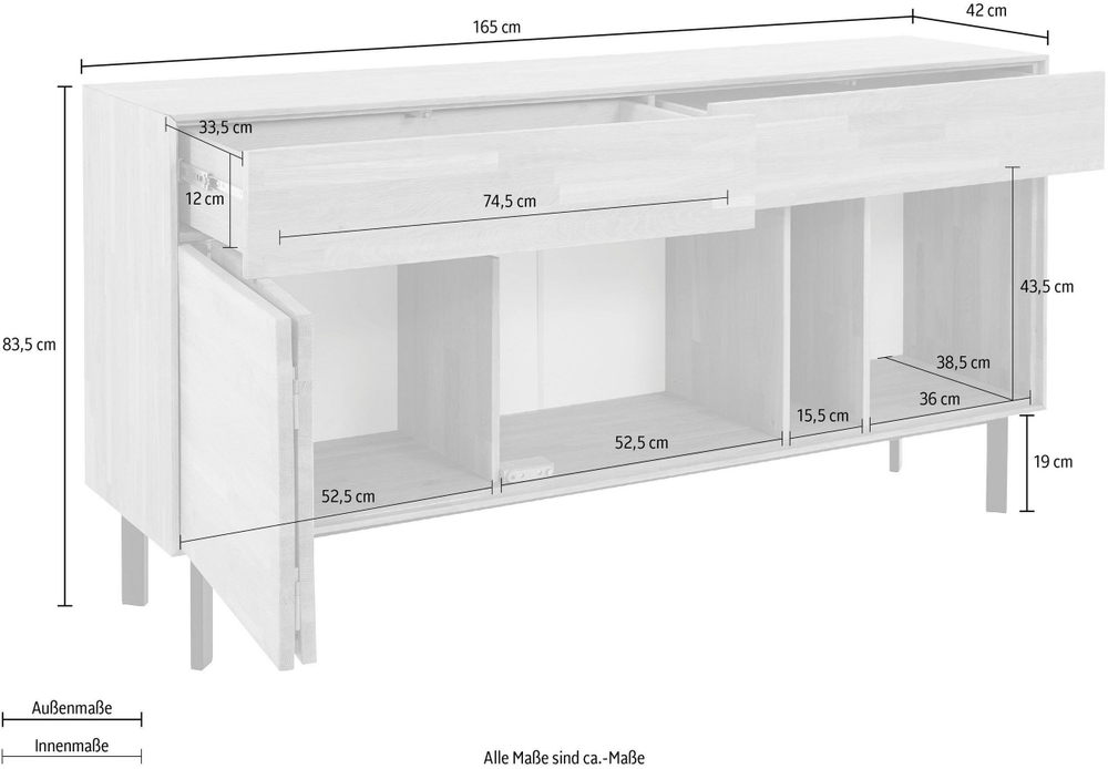 Комод с 2 ящиками Виби 165х42х84 см из массива дуба, тумба под телевизор на металлических ножках в стиле лофт