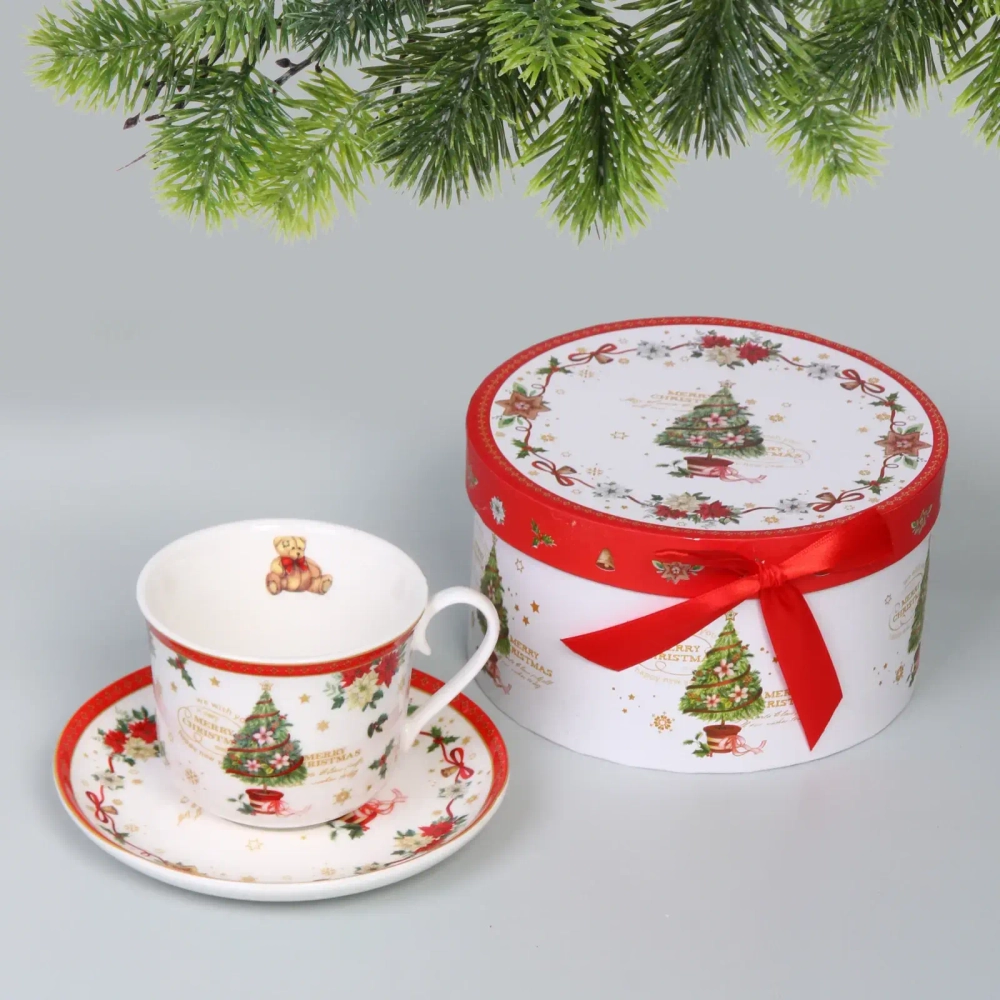 Чайная пара керамическая «Ёлочка» (кружка 400мл+блюдце) в подарочной коробке