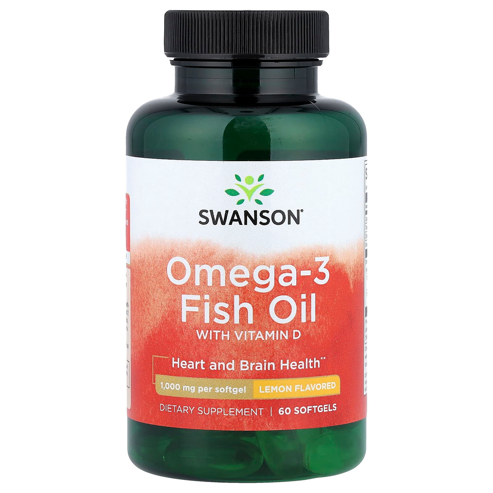 Swanson Vitamins, рыбий жир омега-3 с витамином D, лимон, 60 капсул