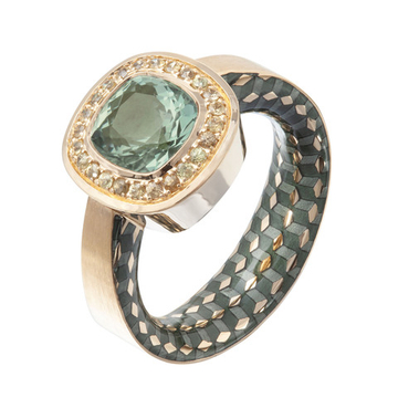 Кольцо с Зелёным Аметистом и Желтыми Сапфирами, Эмаль, R0176-52/16