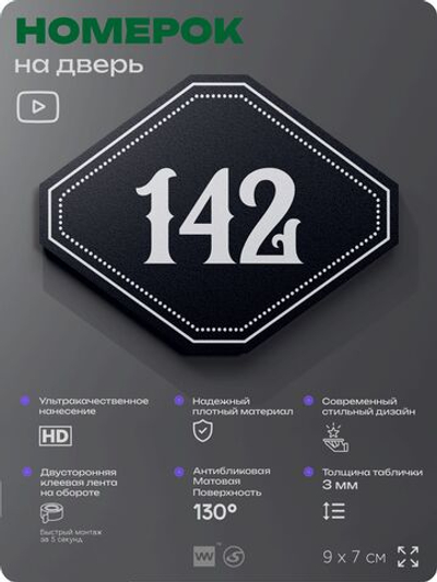 Номерок на дверь квартиры 142, для кабинета, офиса, шильдик 9 х 7 см, черный, Айдентика Технолоджи