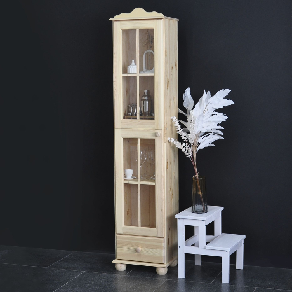 Шкаф витрина 40х32х182, Бритта, стеклянная, для посуды, буфет деревянный однодверный, массив сосны, лак, Dipriz