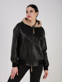 Двусторонняя дубленка зимняя шуба натуральная с капюшоном