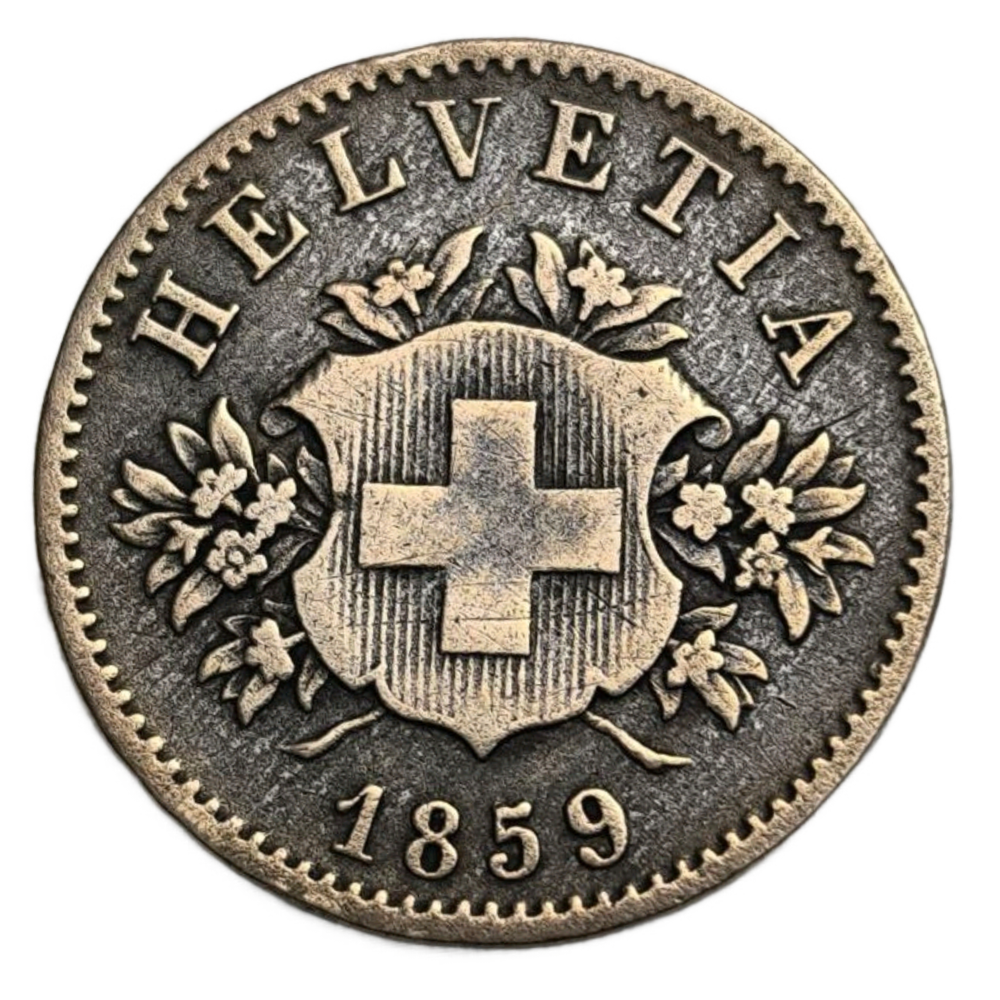 Монета 20 раппенов 1859 год Швейцария