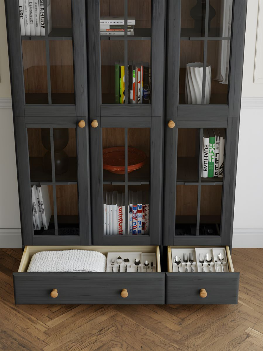 Шкаф витрина 113х32х186, Бритта, стеклянная, трёхдверный, для посуды и книг из массива сосны, cерый, Dipriz