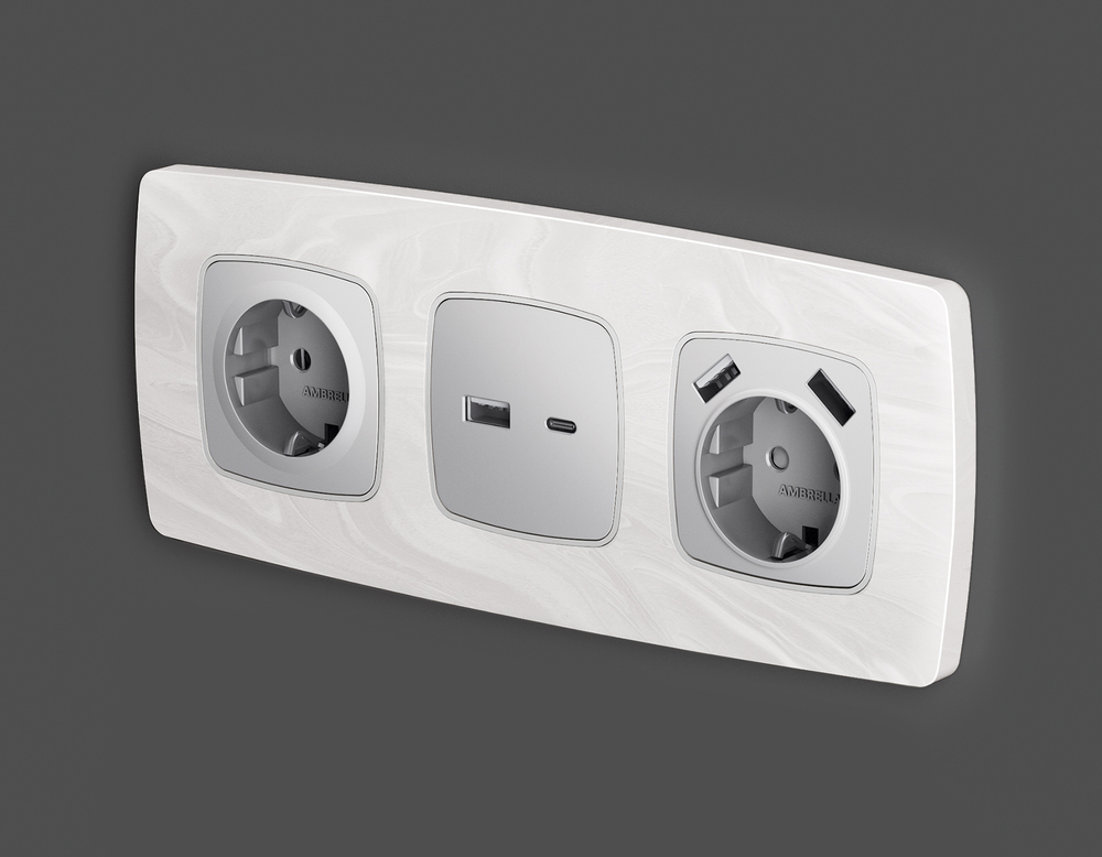 MO411010 Комплект механизма розетки OMEGA Серебро глянец 2USB A+C 20W (быстрая зарядка) QUANT (OP4110, VM177)