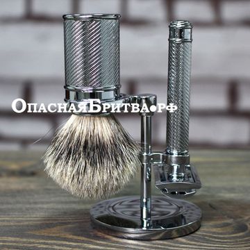 Бритвенный набор MUEHLE TRADITIONAL, хром, барсучий ворс высшей категории Silvertip, Т-образная бритва