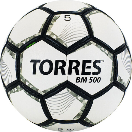 Мяч футбольный "TORRES BM 500" арт.F320635, р.5, 32 пан. PU, 4 подкл. слоя, руч. сшивка, бело-серо-серебр