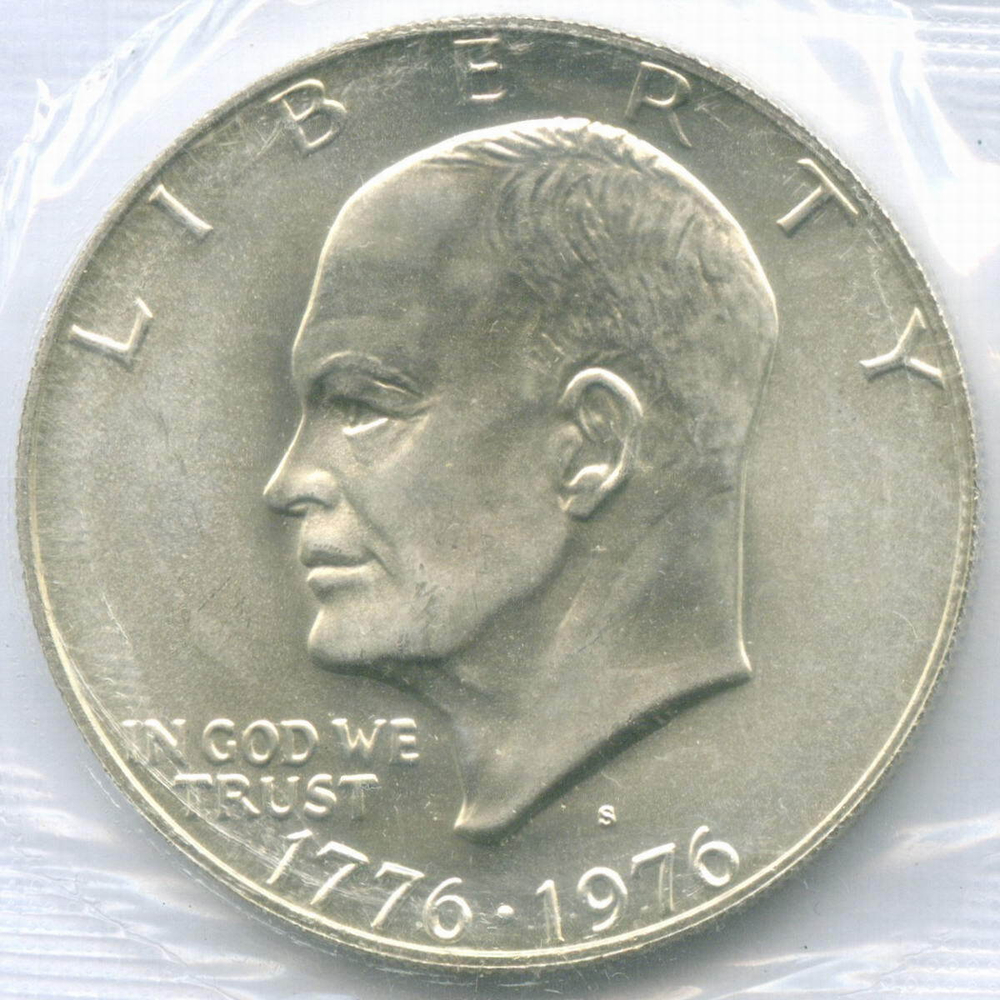 1 доллар 1976 год (S). США. 200-летие Декларации независимости. Серебро, диаметр 38.1 мм. UNC в родной запайке