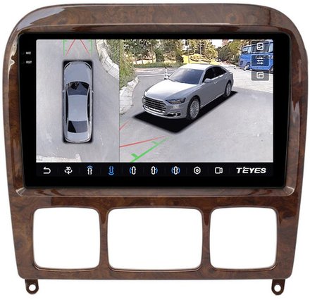 Магнитола для Mercedes-Benz S W220 1998-2005 (рамка дерево) - Teyes CC3-2K-360 монитор 9.5" 2K QLED на Android 10, 6+128Гб, CarPlay, 4G SIM-слот, 4 камеры в комплекте