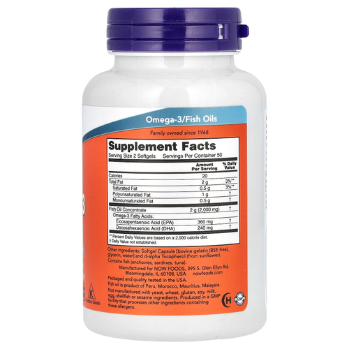 NOW Foods, рыбий жир с омега-3, 1000 мг, 180 ЭПК, 120 ДГК, 100 капсул