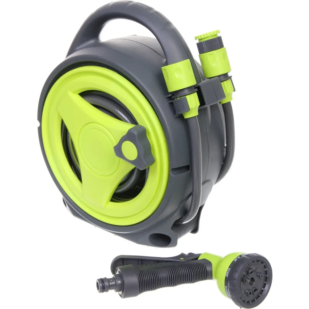 Катушка со шлангом и адаптерами, 12м серо-салатовая HY4017