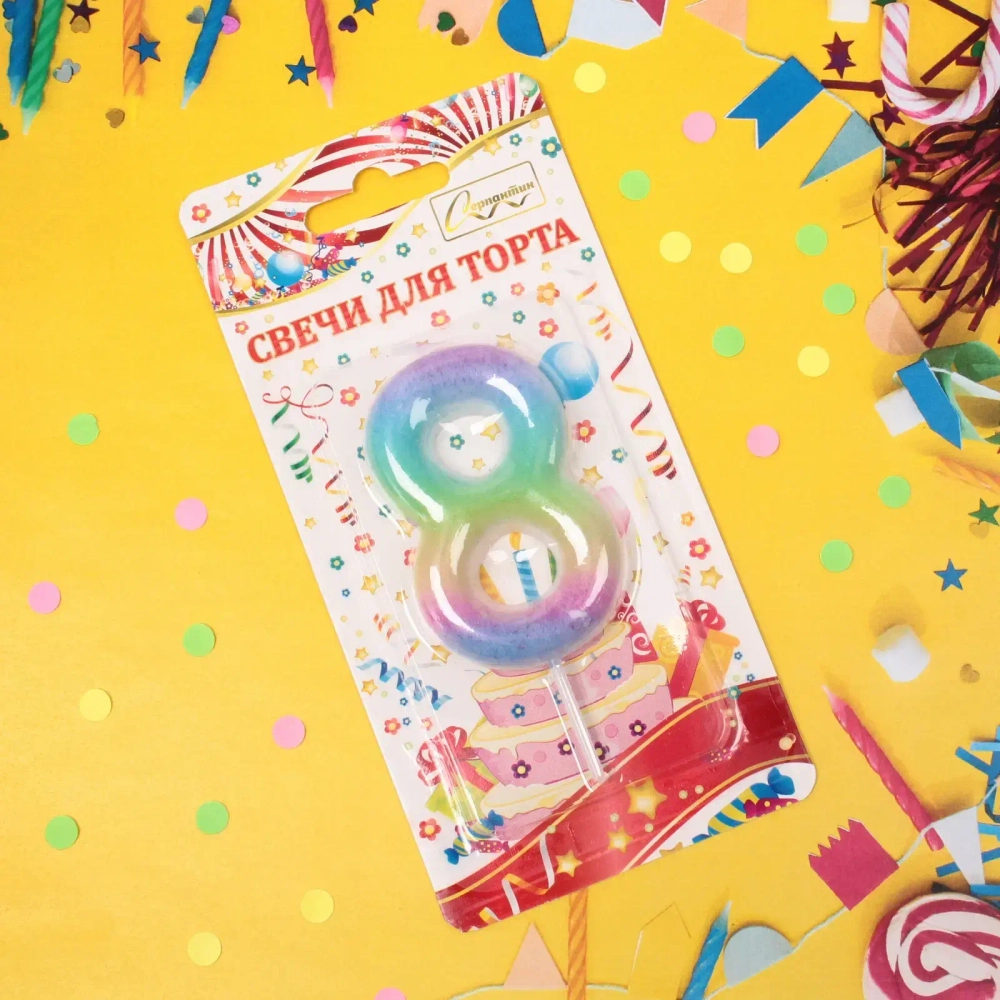 Свеча для торта Цифра Радуга «8» 6*4 см