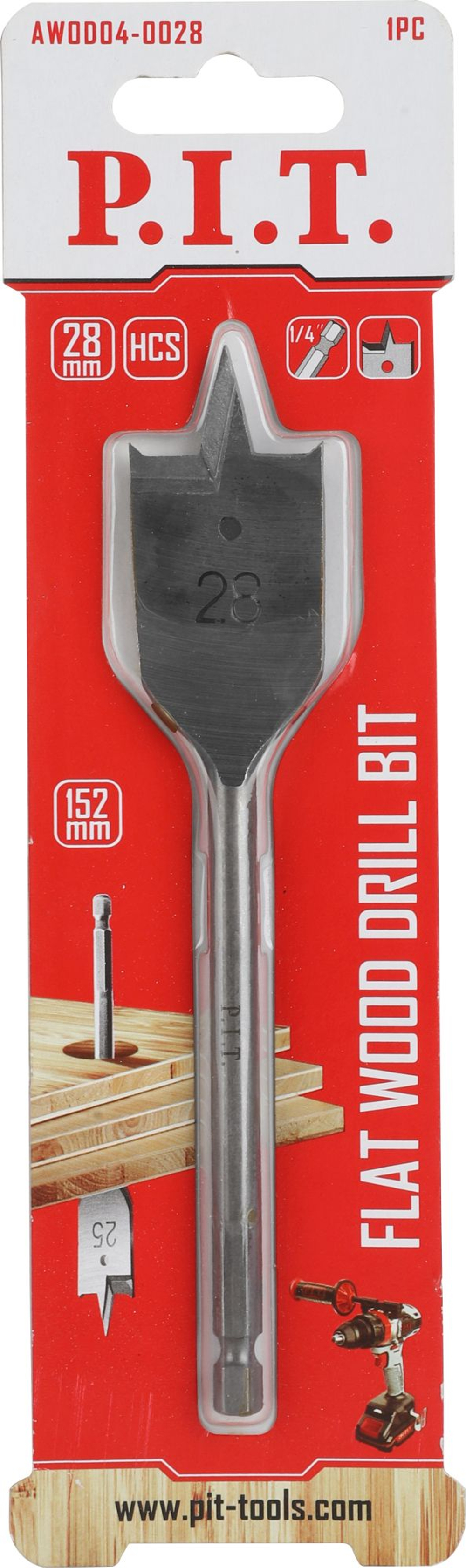 Сверло по деревуперовое P.I.T. 28x152мм,хвостовик HEX1/4"/6,35мм(AWOD04-0028)