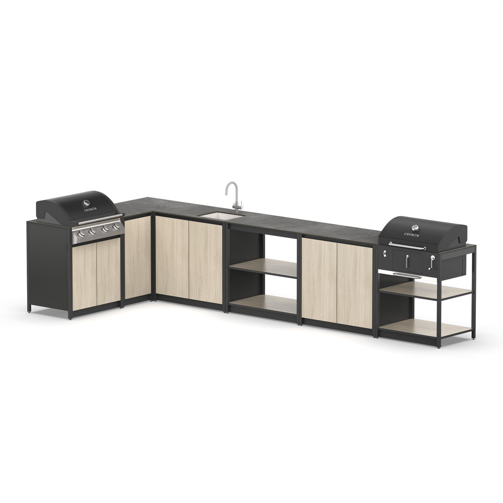 Угловой барбекю комплекс Lounge F-115SGB, 4.1x1.8 м, дуб сонома/черный мрамор