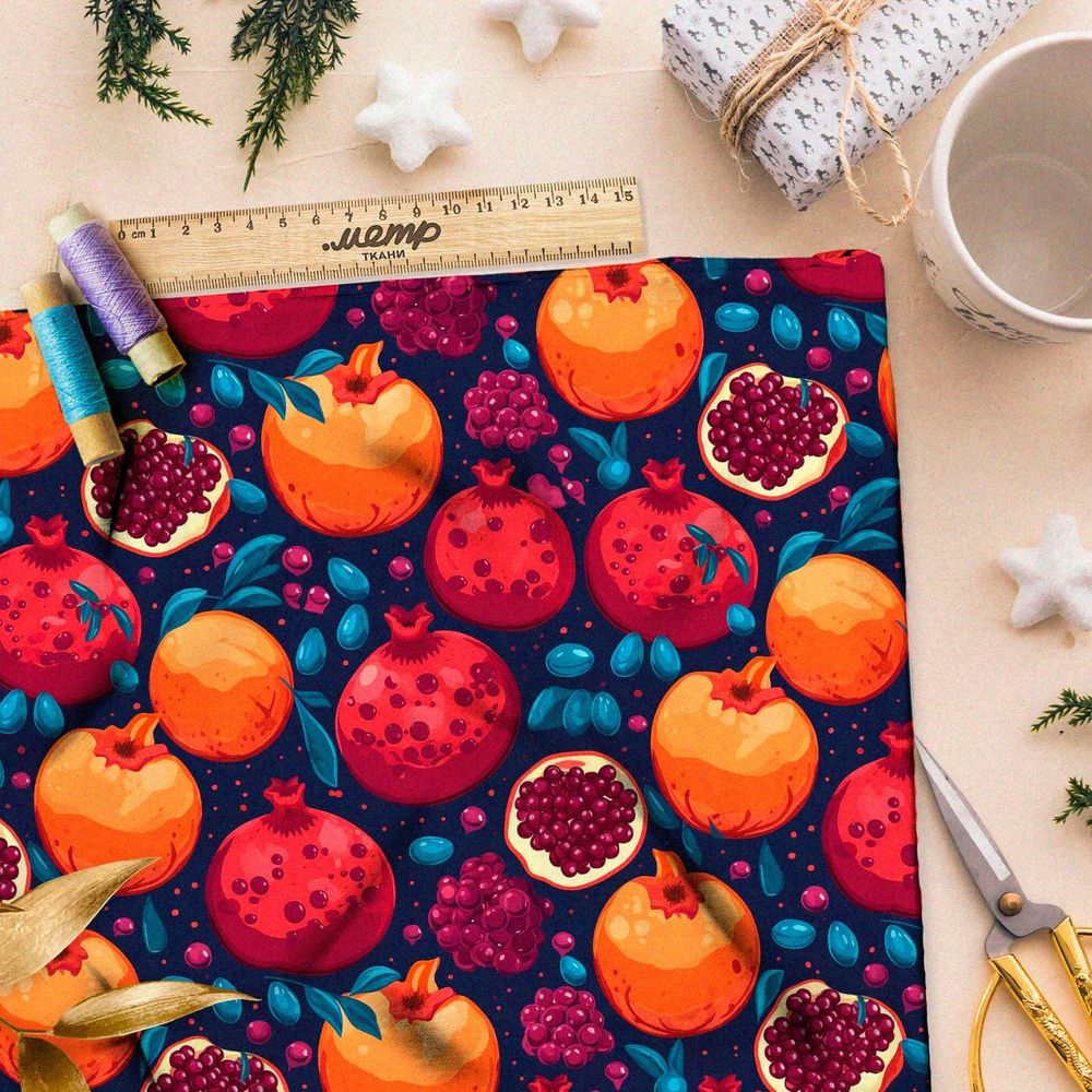 Ткань премиум таффета гранатовые плоды на темном