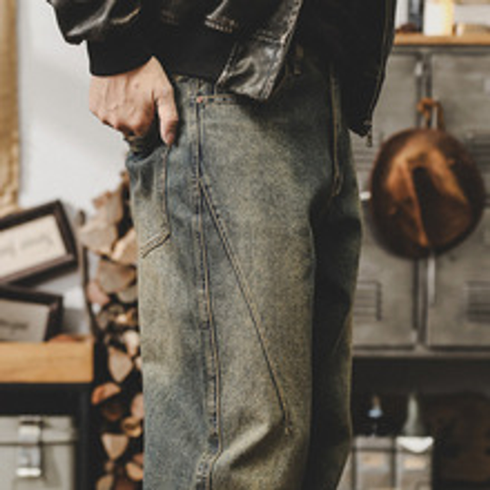 Джинсы мужские прямые потертые от марки JIELEINUO сезон весна-осень