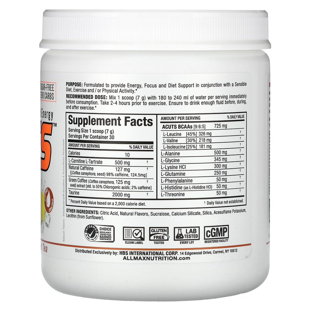 ALLMAX, ACUTS ™, энергия, заряженная аминокислотами, сладкий чай, 210 г (7,4 унции)