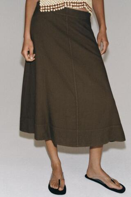 ZARA ЮБКА МИДИ ИЗ СМЕСОВОГО ЛЬНА — ZW COLLECTION, СЕРО-КОРИЧНЕВЫЙ