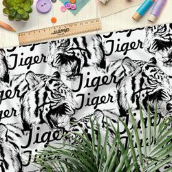 Ткань муслин белый тигр на белом фоне с надписями