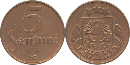 Латвия 5 сантимов, 1922 - 1923 Герб XF