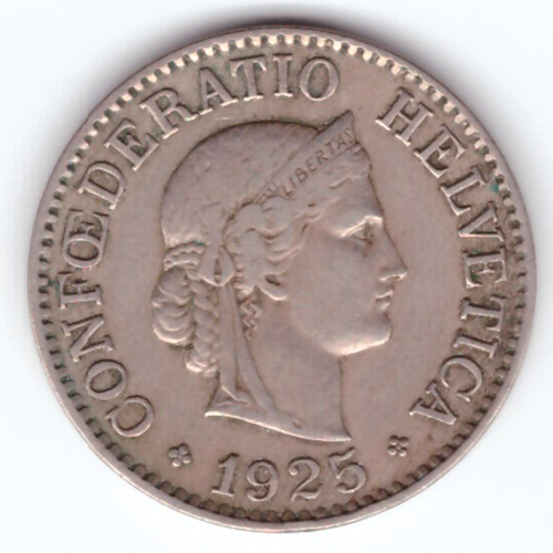 10 раппенов 1925 год. Швейцария. Медно-никель VF-XF