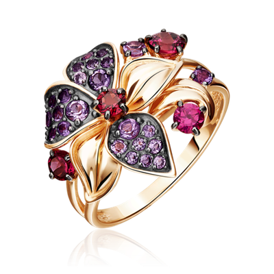 Кольцо «Дикая орхидея» из красного золота с гранатами и аметистами