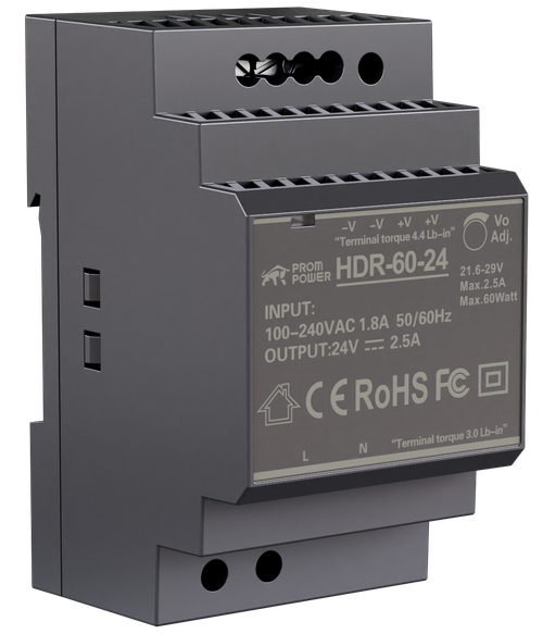 Источник питания PROMPOWER HDR-60-24, на вых. 24 В DC, 2.5А, 60Вт. Вх. 85-264В AC (120-370 В DC)