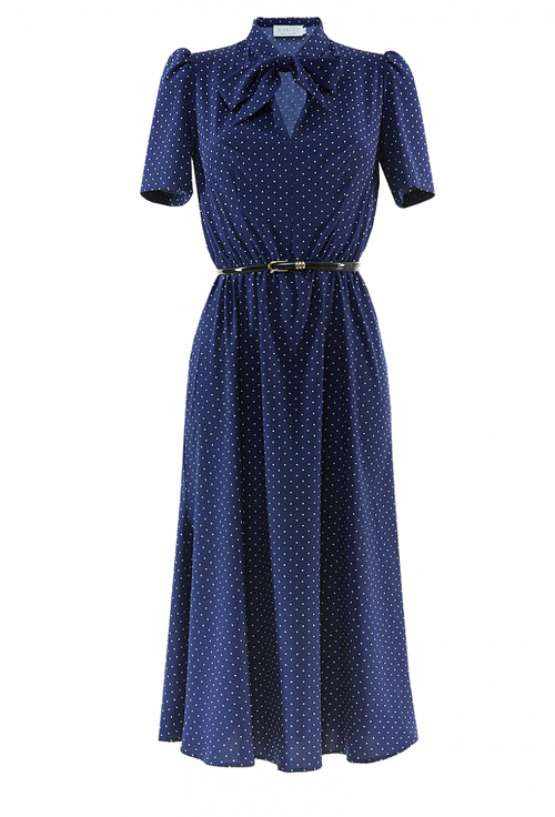 Платье с коротким рукавом в мелкий горох темно-синее 05-03-20 SS