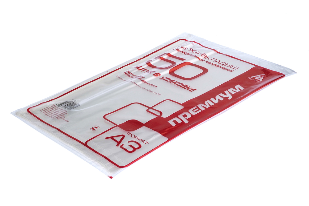 Папка-карман с перфорацией А3 прозрачная глянцевая 0.03мм Премиум БЮРОКРАТ 50шт/уп вертикальное размещение цена за уп