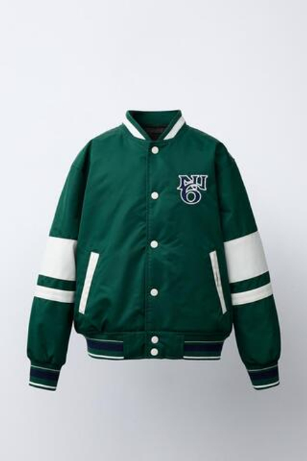 ZARA НЕЙЛОНОВЫЙ БОМБЕР С НАДПИСЬЮ И СЪЕМНЫМ КАПЮШОНОМ, ЗЕЛЕНЫЙ