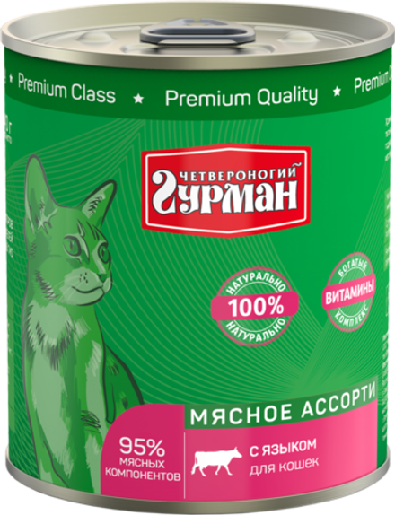 Корм консервированный для кошек Четвероногий гурман "Мясное ассорти с языком", 340 г