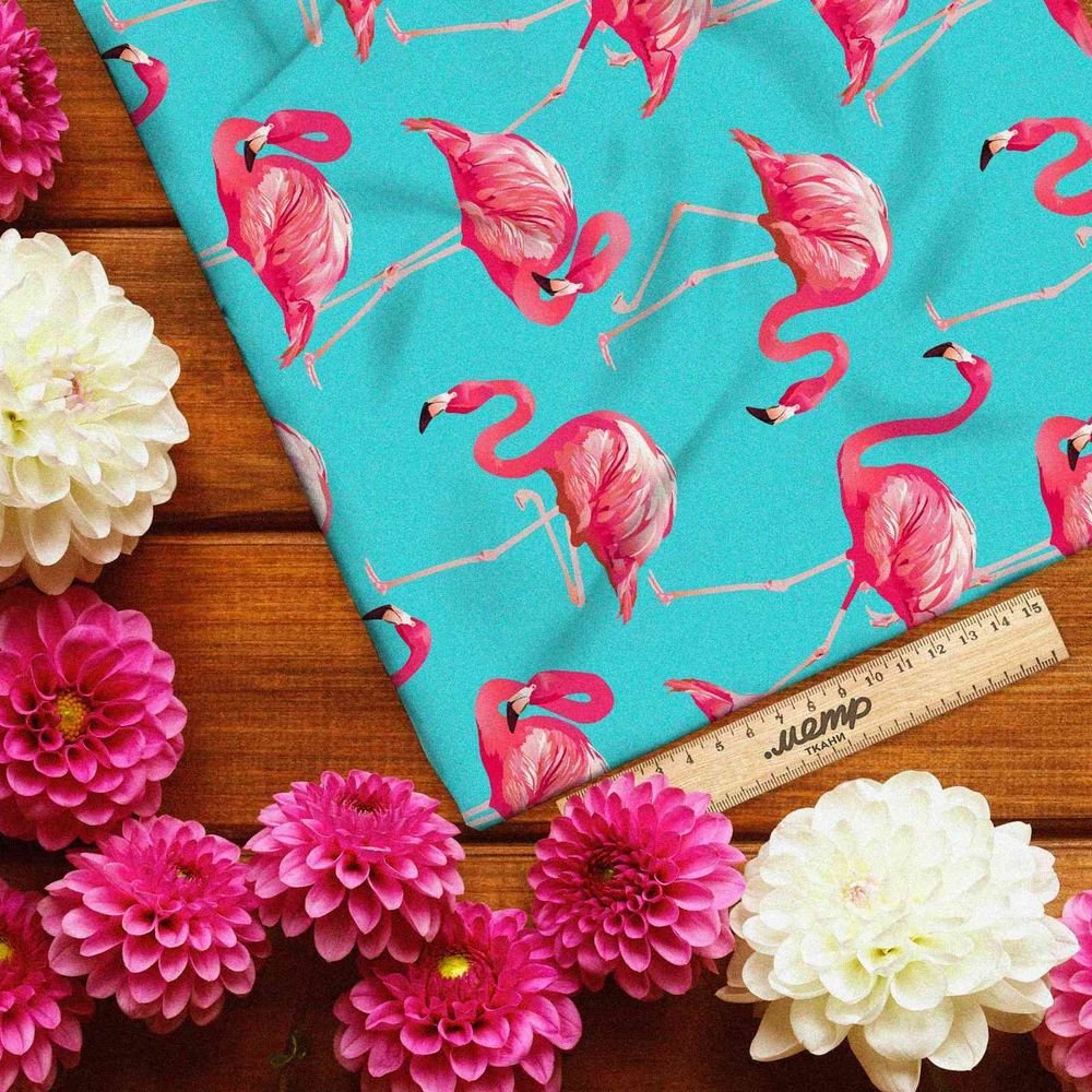 Ткань блэкаут розовые фламинго на лазурном берегу