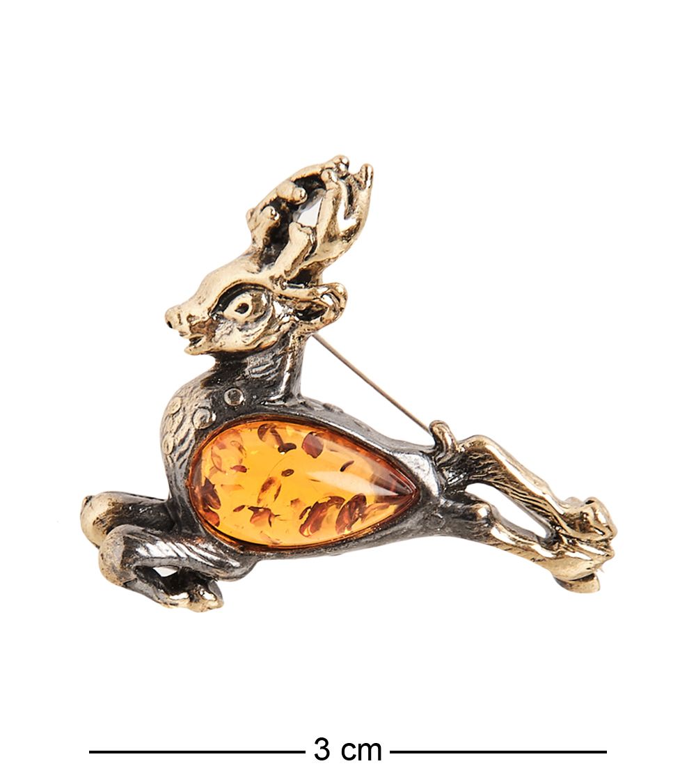 AM- 934 Брошь «Олененок» (латунь, янтарь)