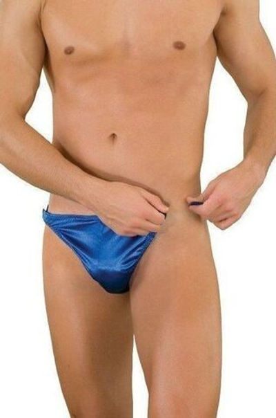 Синие трусы-тонги с застежкой сбоку и сатиновым блеском (Размер: S-M) (Цвет: синий)