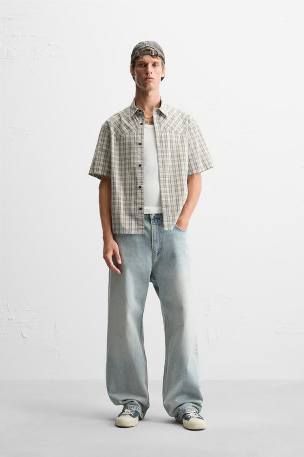 ZARA РУБАШКА В КЛЕТКУ, БЕЛЫЙ