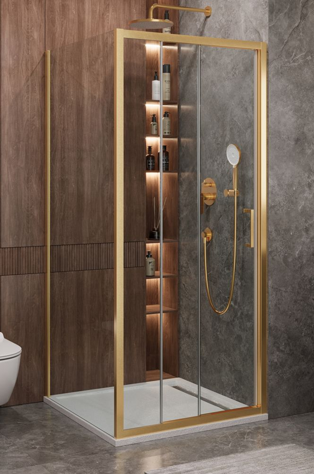Душевой уголок Cezares MOLVENO-AHF-31-100/90-C-BORO-IV, 100х90х195, профиль брашированное золото, прозрачное стекло