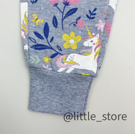 Брюки "Единороги в цветах" из футера, серо-голубые