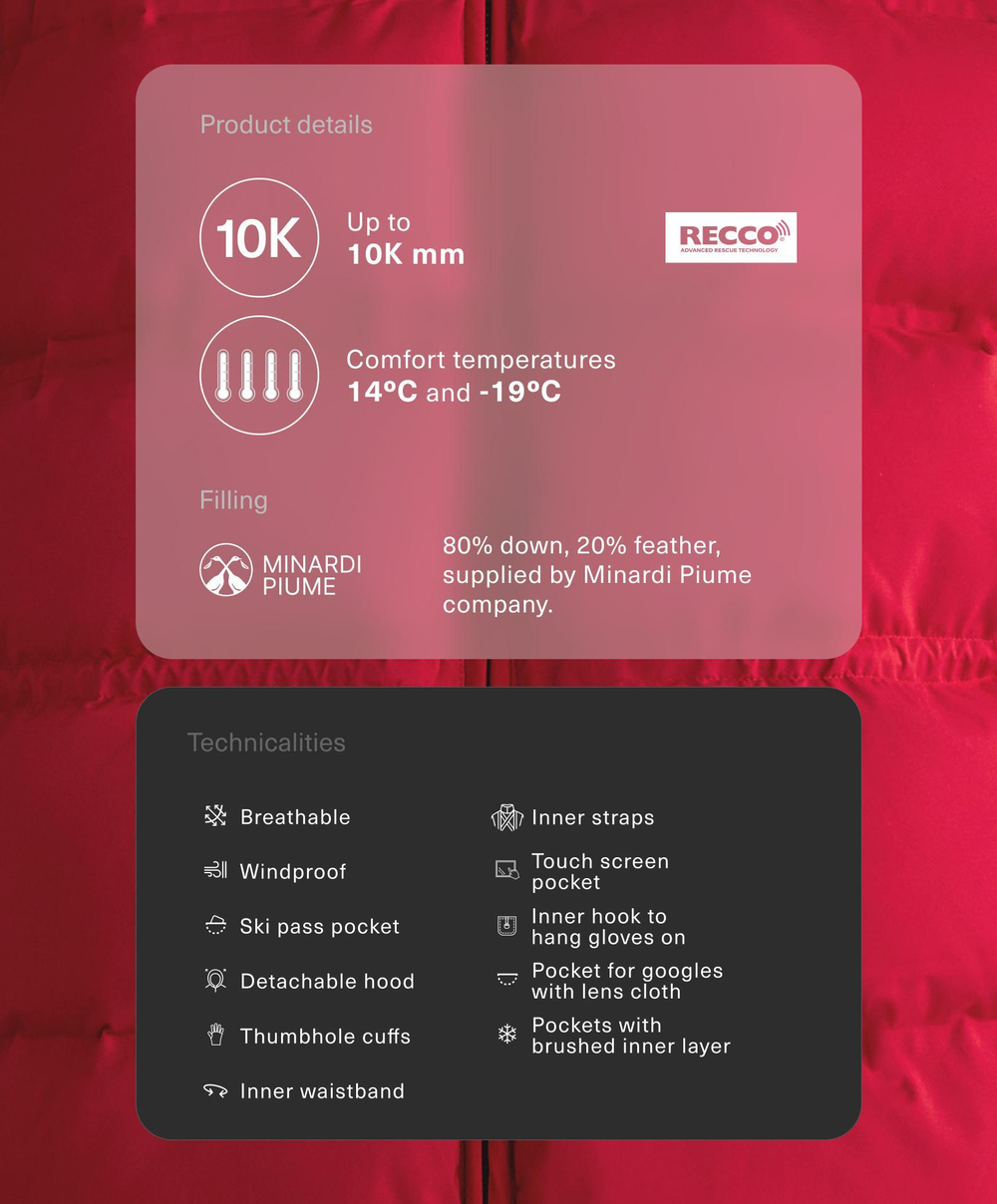 Oysho Легкий водонепроницаемый короткий пуховик Minardi Piume Kayak, красный