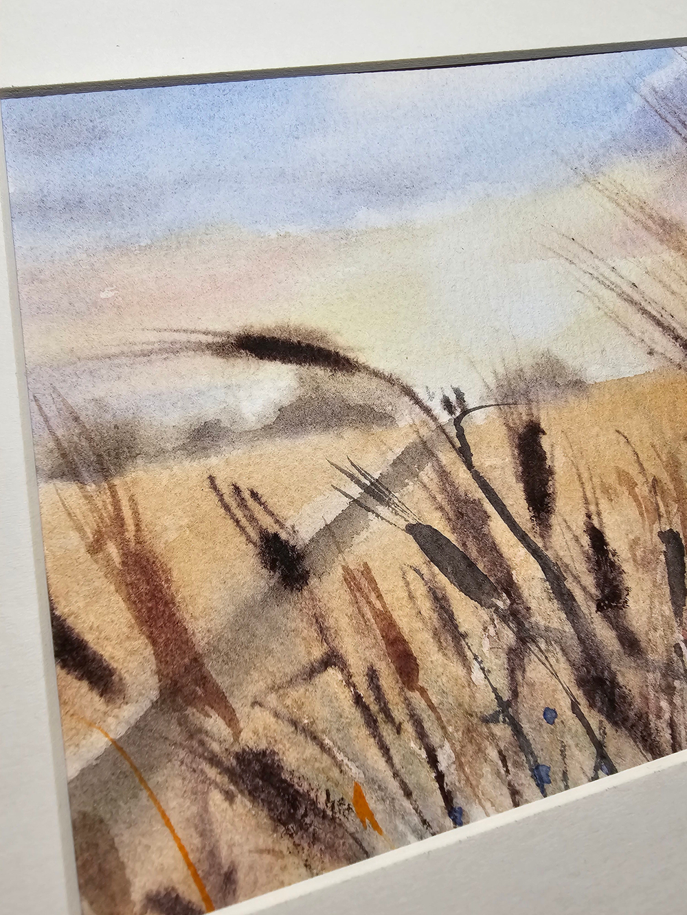 Картина авторская акварельная в паспарту 21х30 см на стену для интерьера "Рожь на рассвете"